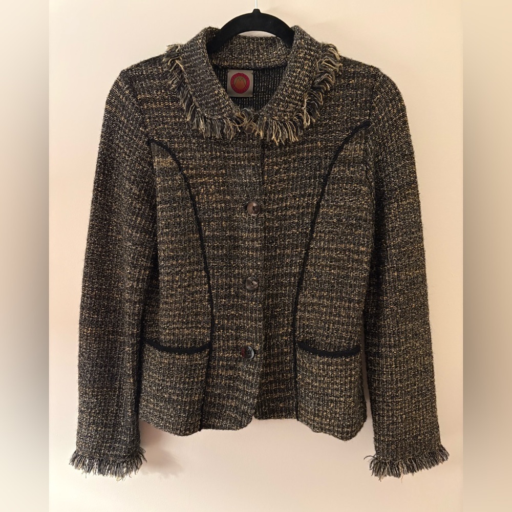 Vintage Millma Handloomed Alpaca Blend Open Front Tweed Cardigan Blazer Teacher